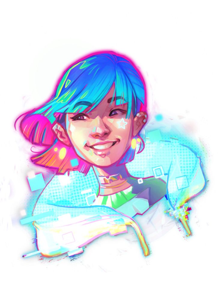 Asian girl smiling with rainbow bob hair wearing a large holographic coat
