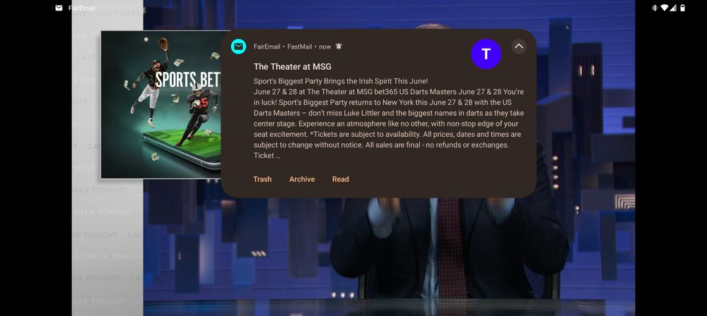 A screenshot of Last Week Tonight's story on sports betting when a notification for an email arrived from MSG bet365 about an upcoming Darts Masters event. 