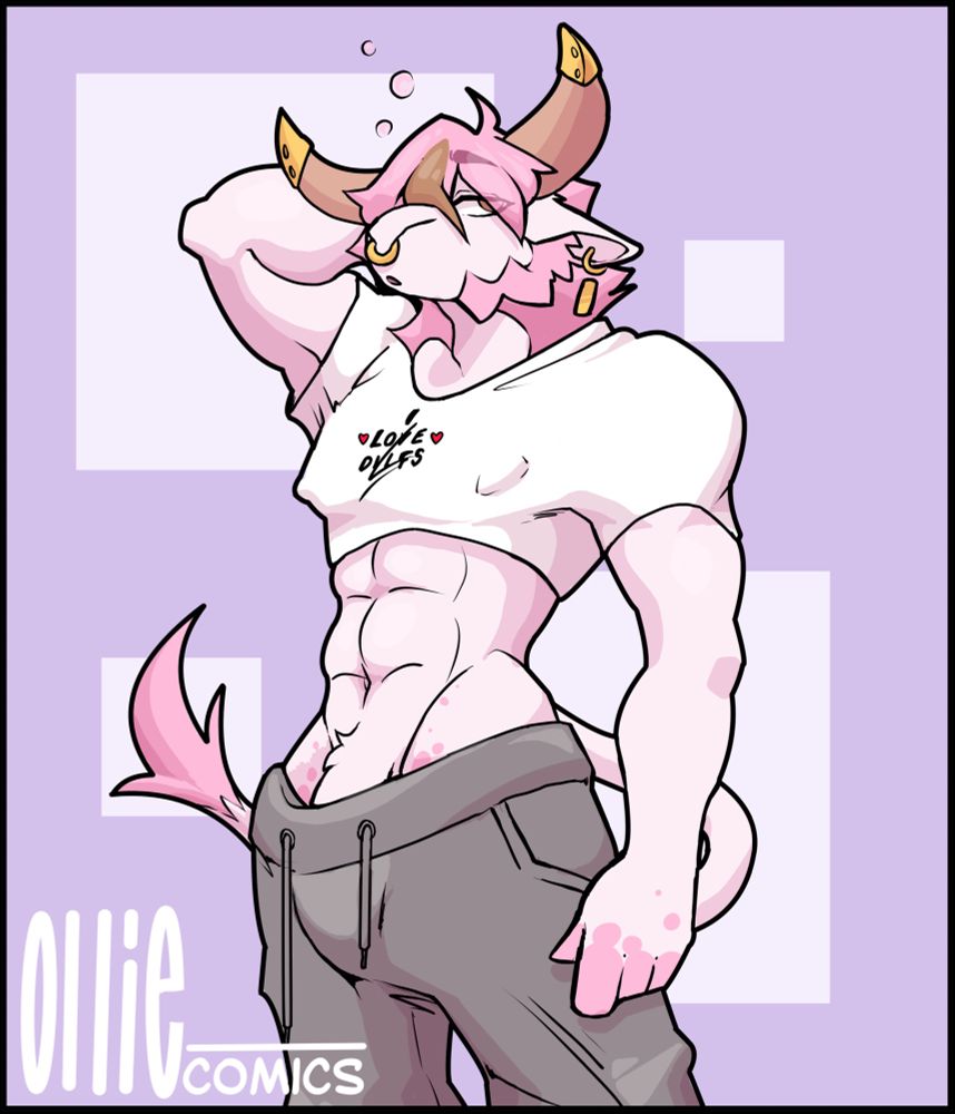 Himbo bull with some quite loosely tied grey sweat pants