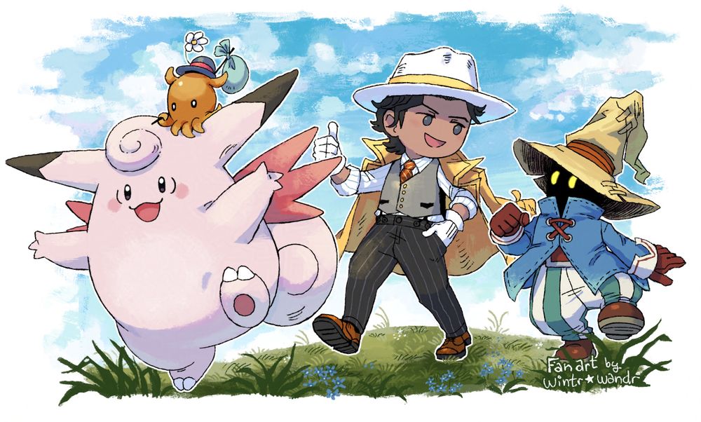 A digital artwork of several characters journeying through a grassy landscape together. Partitio from Octopath Traveler II walks alongside Vivi from Final Fantasy IX, and the two appear to be engaged in conversation. The Pokémon Clefable runs ahead of them, and an Octopuff sits atop its head.