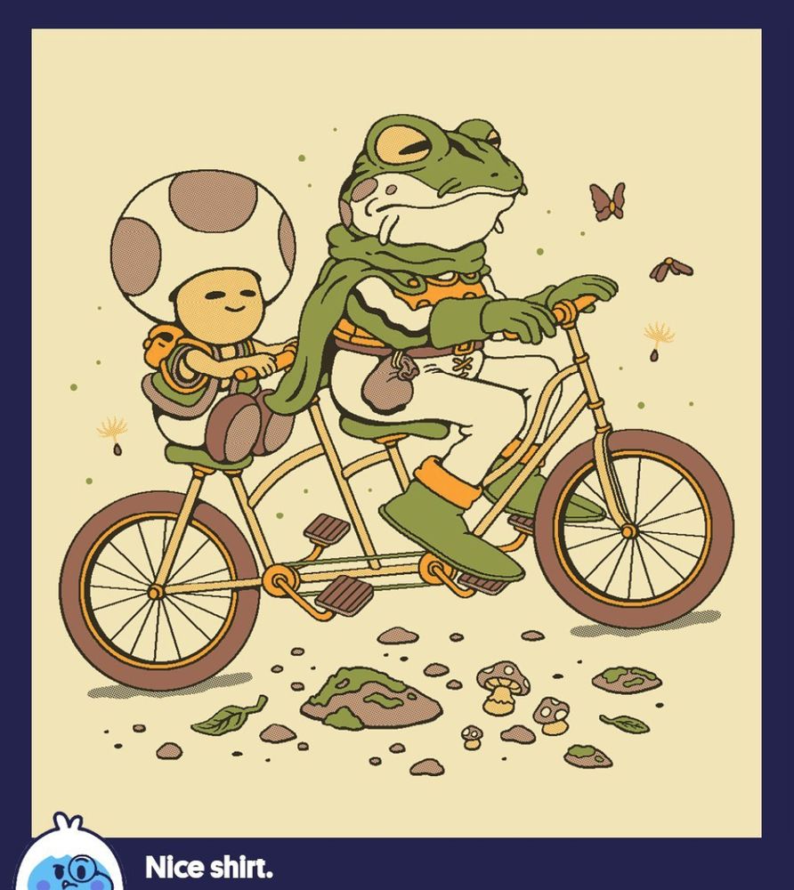 An artwork featuring Frog from Chrono Trigger and Toad from the Mario series on a tandem bicycle. The art is a parody of an illustration from the children's book series known as Frog and Toad.