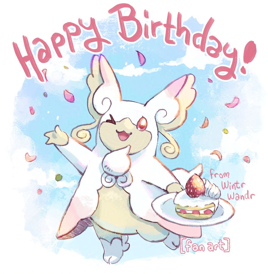 Artwork featuring Mega Audino holding a slice of cake on a plate. "Happy birthday!" is written across the top of the image.
