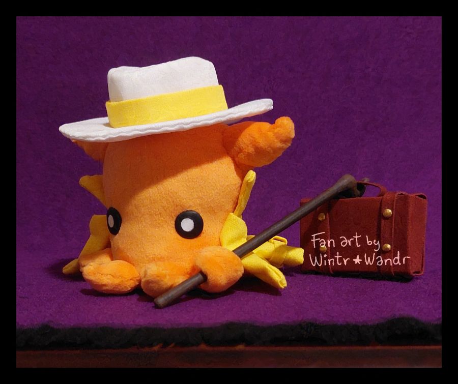 A photo of an Octopuff plush on a purple backdrop. It's wearing a white hat and yellow coat, which is affixed to it like a cape. It's also holding a tiny briefcase attached to the end of a stick.