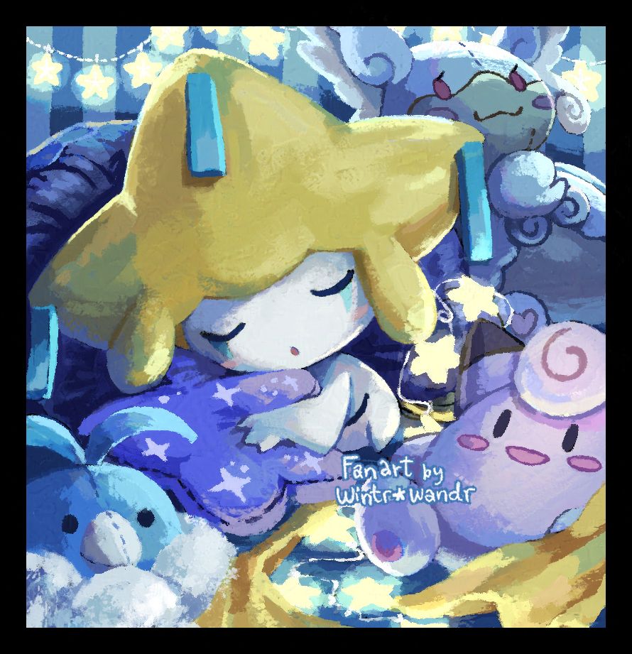 A digital artwork featuring the Pokémon Jirachi. It's sleeping on a bed, cuddling with a star-shaped pillow and surrounded by plush toys of other Pokémon: Swablu, Clefairy, and Mega Audino. There is a string of star-shaped lights draped across the pillows and along the wall in the background.