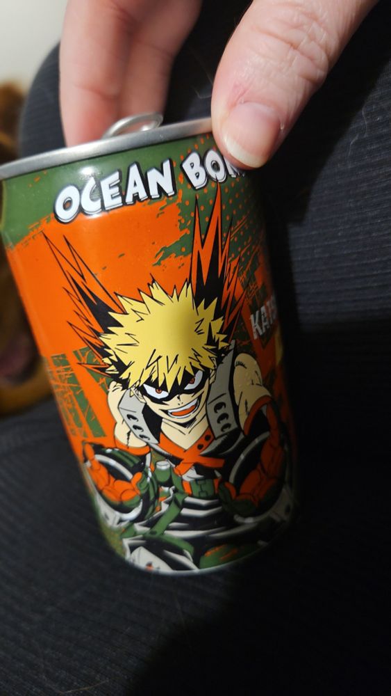 Can of Ocean Bomb drink with a graphic of Katsuki Bakugou on it.