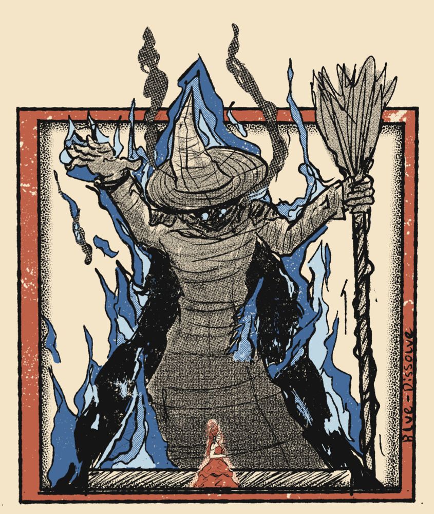 A drawing of Glinda from Wicked, stood in front of a large, looming effigy of Elphaba. Glinda stands facing right, her wand covering her eyes as she holds it.
The effigy is surrounded by blue flames and smoke, with two smal dot of blue on the face resembling eyes looking down at Glinda.

Aside from the blue flames; the image is b&w, with orange accents on Glinda, and an outside frame.