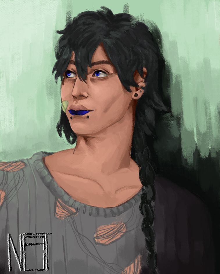 a portrait illustration of a person, they are looking off to the side in a distressed sweater. their skin is white, black hair short on top with a braid. their eyes are bright, saturated blue. they have snakebite piercings, and ear piercings. there is a green bandaid on their right cheek.