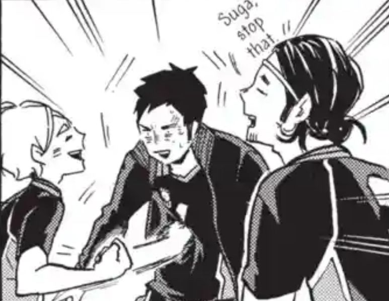 Suga laughing while punching Daichi in the stomach, Asahi is next to the saying “Suga stop that”