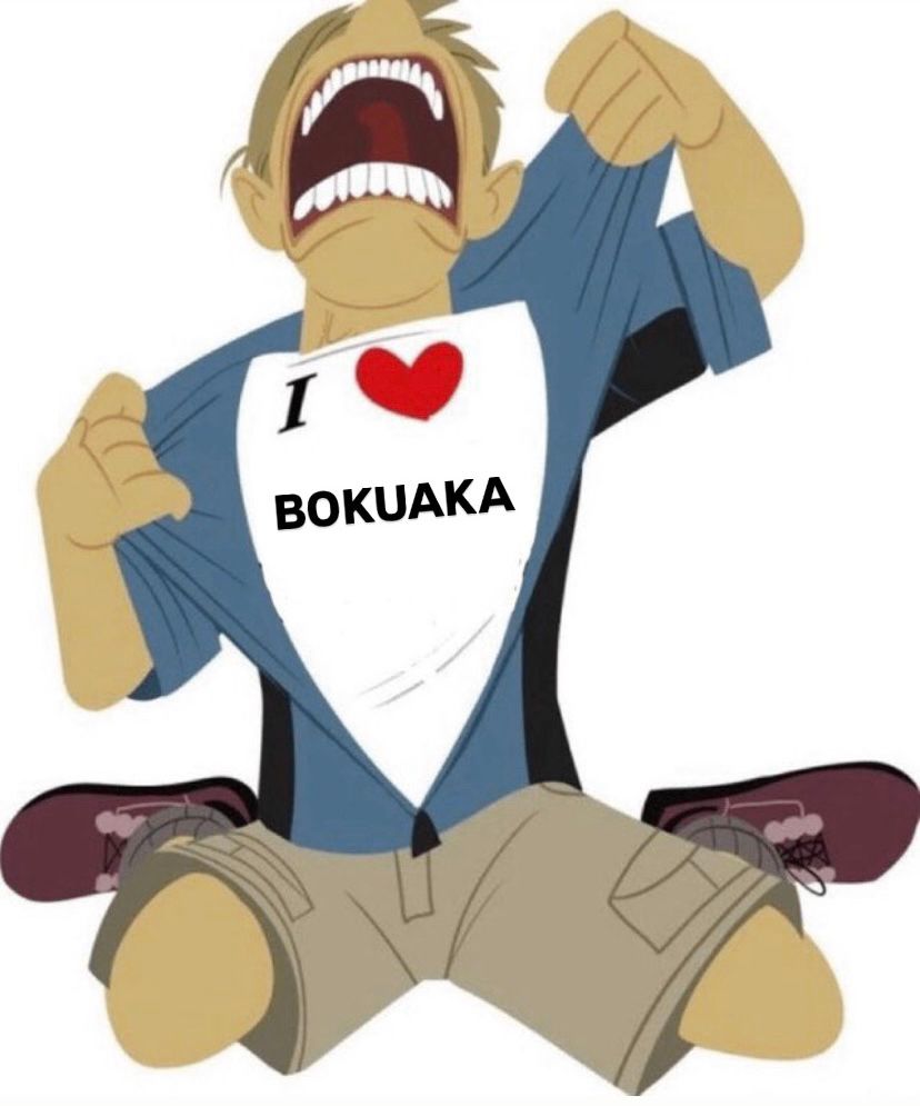 Guy on his knees screaming and ripping his jacket open to reveal a shirt that says “I ❤️ BOKUAKA”