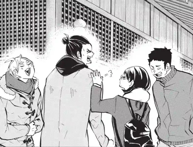 Shimizu patting a worried Asahi’s shoulder, Suga and Daichi are laughing at the scene 