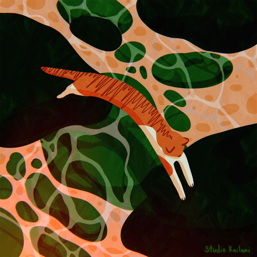 Digital art of an orange tabby cat jumping across stones over water. Procreate illustration.