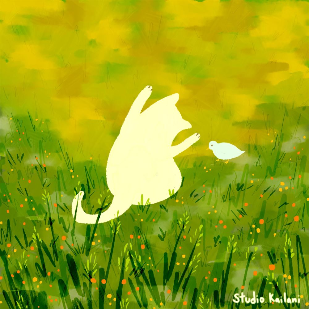 Art of a white cat looking at a bird. Background is a field of grass and flowers. Digital illustration.