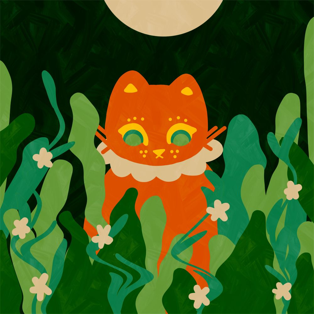 Art of an orange cat wearing a white neck ruffle. It sits under the full moon, surrounded by tall grass and white flowers. Digital illustration.