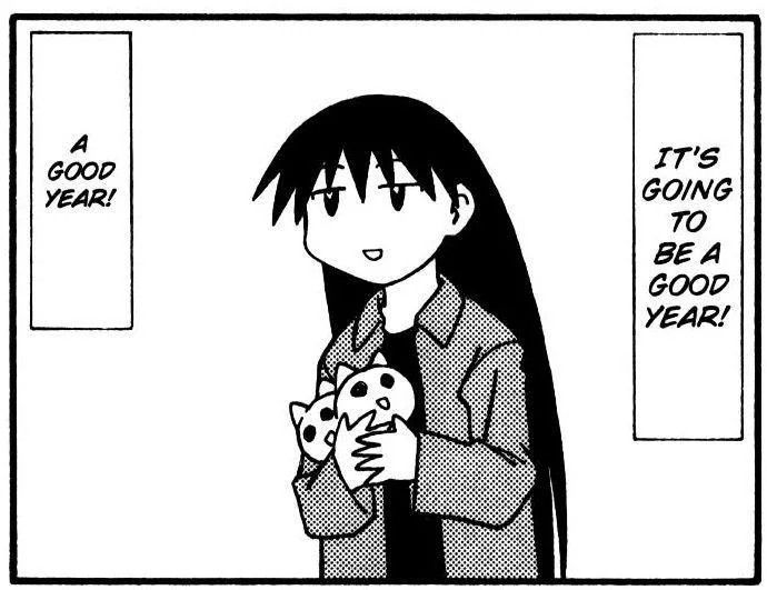 Sakaki from Azumanga Daioh holding toy cats saying “It’s going to be a good year! A good year!”