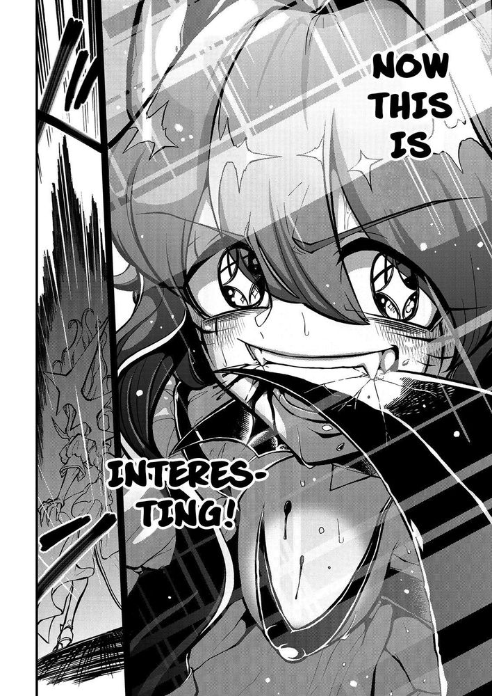 Magia Baiser having caught a magical scythe in her teeth, with the dialogue “now this is interesting!”