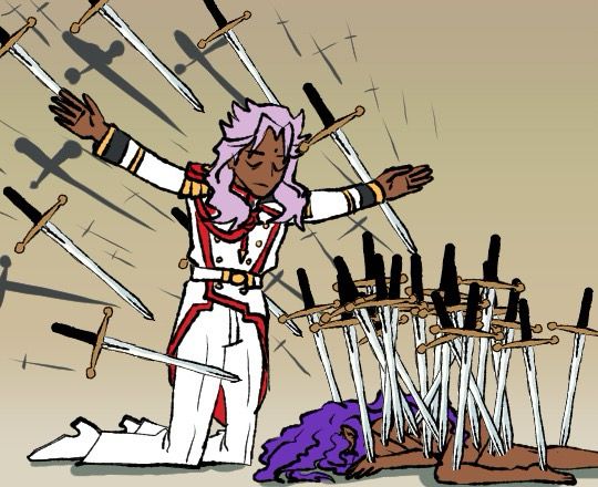 Akio, from “Revolutionary Girl Utena” pretending to protect Anthy from swords, while actually sending them at her.