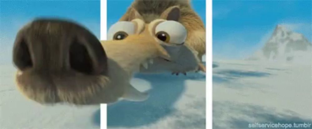 a cartoon squirrel is eating a piece of meat in the snow .