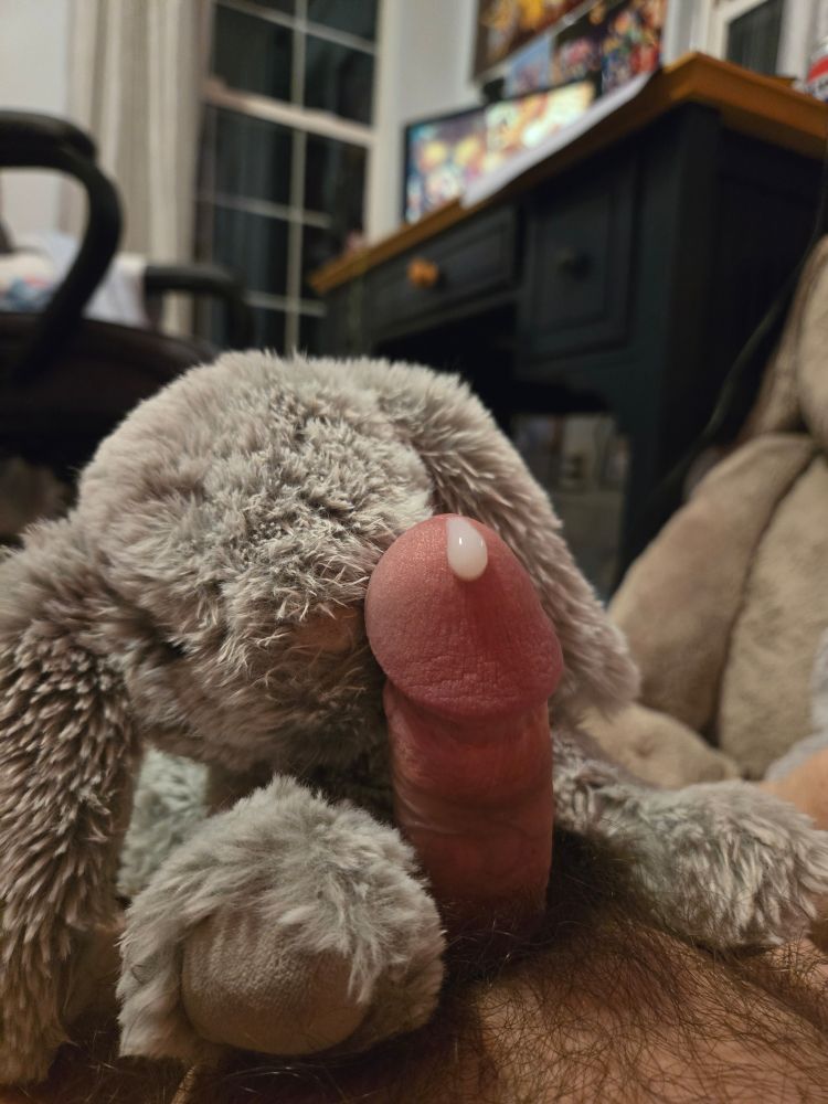 Gray bunny stuffed animal nuzzling a penis as a big drop of semen is bulging at the tip