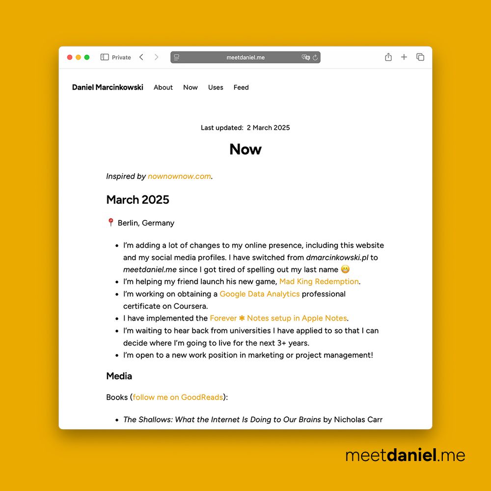 A screenshot of the meetdaniel.me/now page