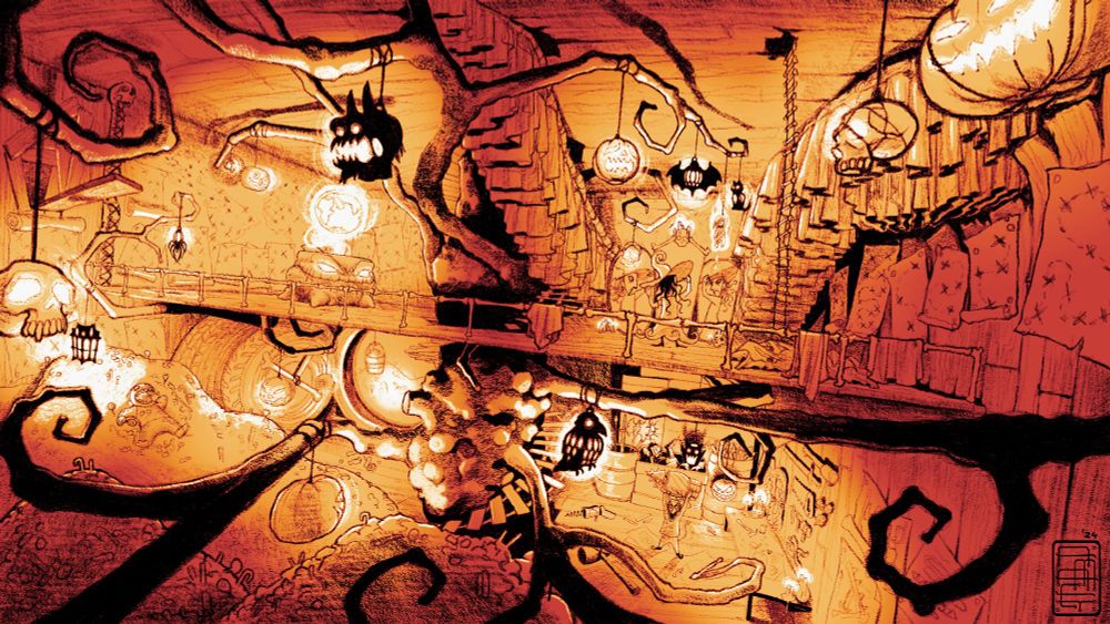 A whimsical, dark, and twisted treehouse interior with a Halloween-like aesthetic. The entire scene is bathed in warm, amber-orange lighting that gives it an eerie, yet cozy ambiance. The structure is multi-leveled, with wooden walkways and a winding staircase connecting various areas of the treehouse. The walls are adorned with tattered, patched-up fabric, adding a rustic, hand-made feel to the environment.

Hanging from twisted branches and makeshift beams are various lanterns and decorative lights resembling jack-o'-lanterns, skulls, and other sinister shapes. Each light fixture has a unique design, casting different shadows and illuminating the scene in a fragmented, slightly unsettling way. Among the lights, there are hanging ropes, ladders, and strange skeletal decorations that reinforce the spooky atmosphere.

At ground level, large piles of something resembling bones, skulls, and treasure are scattered around, hinting at a treasure hoard or perhaps a witch’s hideout. Odd and playful characters, like mushroom-headed figures and strange creatures with tentacles, are scattered throughout, some interacting with their surroundings or hanging from the edges of platforms. The details suggest an imaginative, surreal scene, where every object and creature has been crafted to evoke both wonder and dread.

The artwork employs heavy, stylized black linework and shadows that lend a sketch-like quality to the image, blending both cartoonish and ominous elements for a striking, haunted-treehouse aesthetic.