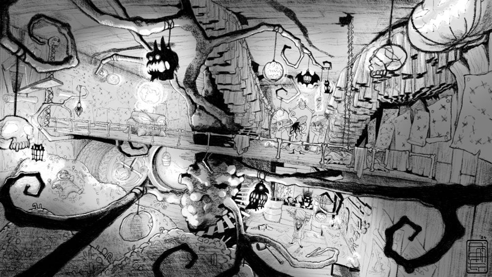 A whimsical, dark, and twisted treehouse interior with a Halloween-like aesthetic.  The structure is multi-leveled, with wooden walkways and a winding staircase connecting various areas of the treehouse. The walls are adorned with tattered, patched-up fabric, adding a rustic, hand-made feel to the environment.

Hanging from twisted branches and makeshift beams are various lanterns and decorative lights resembling jack-o'-lanterns, skulls, and other sinister shapes. Each light fixture has a unique design, casting different shadows and illuminating the scene in a fragmented, slightly unsettling way. Among the lights, there are hanging ropes, ladders, and strange skeletal decorations that reinforce the spooky atmosphere.

At ground level, large piles of something resembling bones, skulls, and treasure are scattered around, hinting at a treasure hoard or perhaps a witch’s hideout. Odd and playful characters, like mushroom-headed figures and strange creatures with tentacles, are scattered throughout, some interacting with their surroundings or hanging from the edges of platforms. The details suggest an imaginative, surreal scene, where every object and creature has been crafted to evoke both wonder and dread.

The artwork employs heavy, stylized black linework and shadows that lend a sketch-like quality to the image, blending both cartoonish and ominous elements for a striking, haunted-treehouse aesthetic.