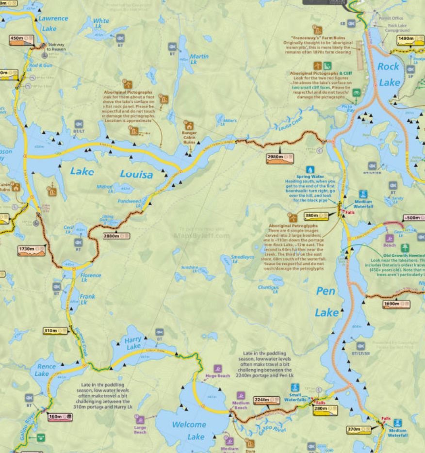 Screenshot of a map depicting a 40km canoe loop in Algonquin Provincial Park