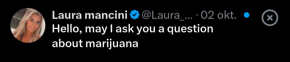 Skjermbilde, meldingsforespørsel fra bot på twitter.
"Hello, may I ask you a question about marijuana"