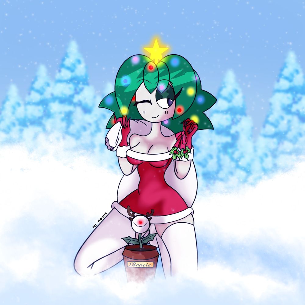 A digital art illustration of my OC, Melody & her pet monster plant, Brucie. She is seen sitting on her knees outside in the snow with a mistletoe in her left hand, & a sack of presents in her right. She is wearing a festive red dress & gloves, with white stockings. Her hair is made to look like a Christmas tree, being dyed green & decorated with bright lights & a star on top. She’s looking offscreen with a wink & smug expression on her face, while Brucie looks towards the camera with a big smile.

(Originally posted December 14, 2024.)