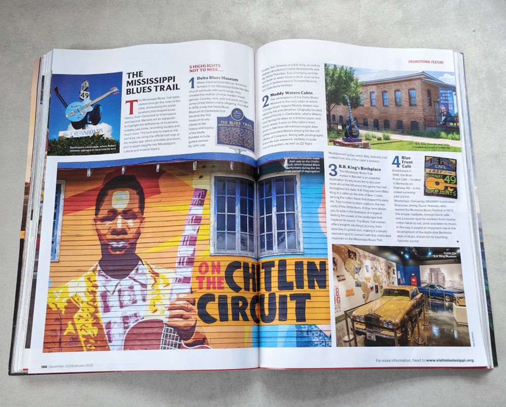 All images show pages from James Draven's 14-page Mississippi travel feature 'The Music of the Magnolia State's in Wanderlust magazine.
