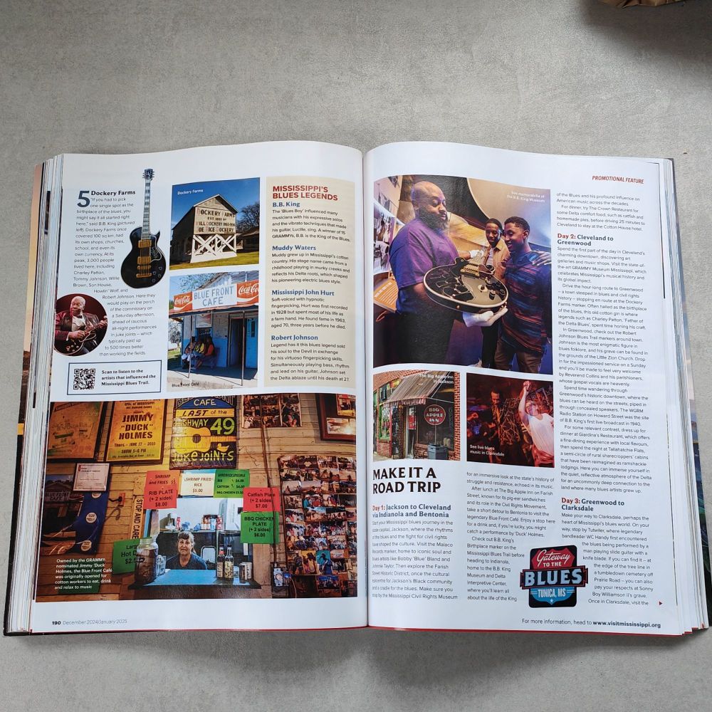 All images show pages from James Draven's 14-page Mississippi travel feature 'The Music of the Magnolia State's in Wanderlust magazine.