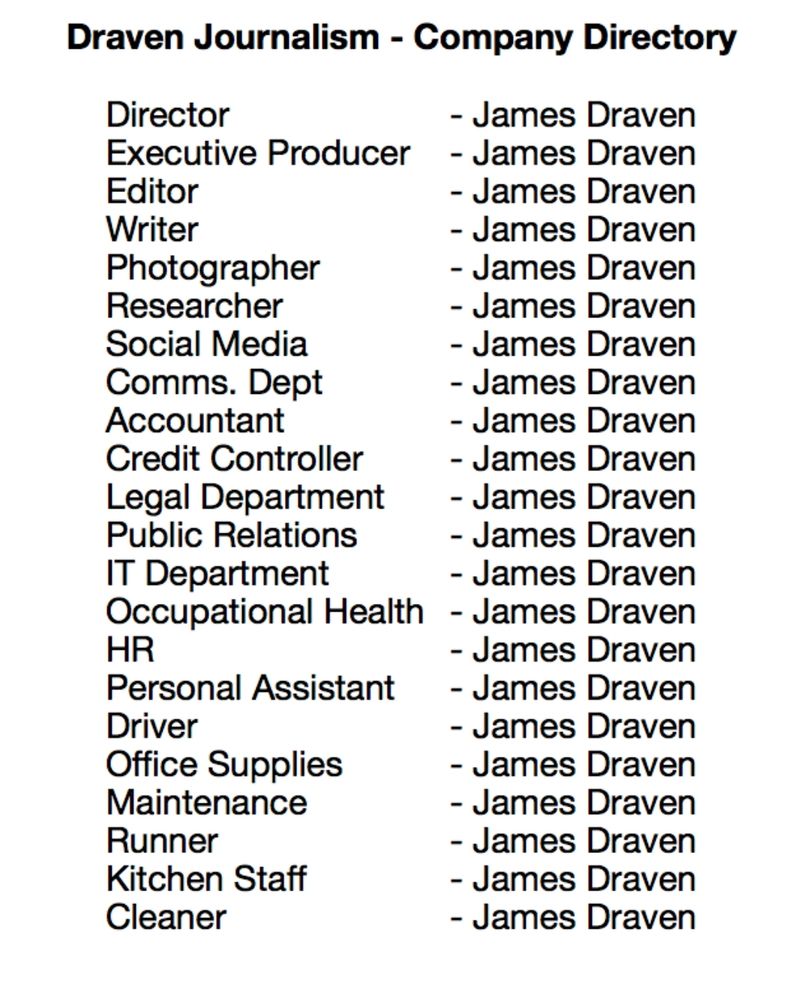 Image shows a spoof company directory of freelance travel journalist, James Draven, with 22 myriad roles - from Director to Cleaner - all fulfilled by James Draven.