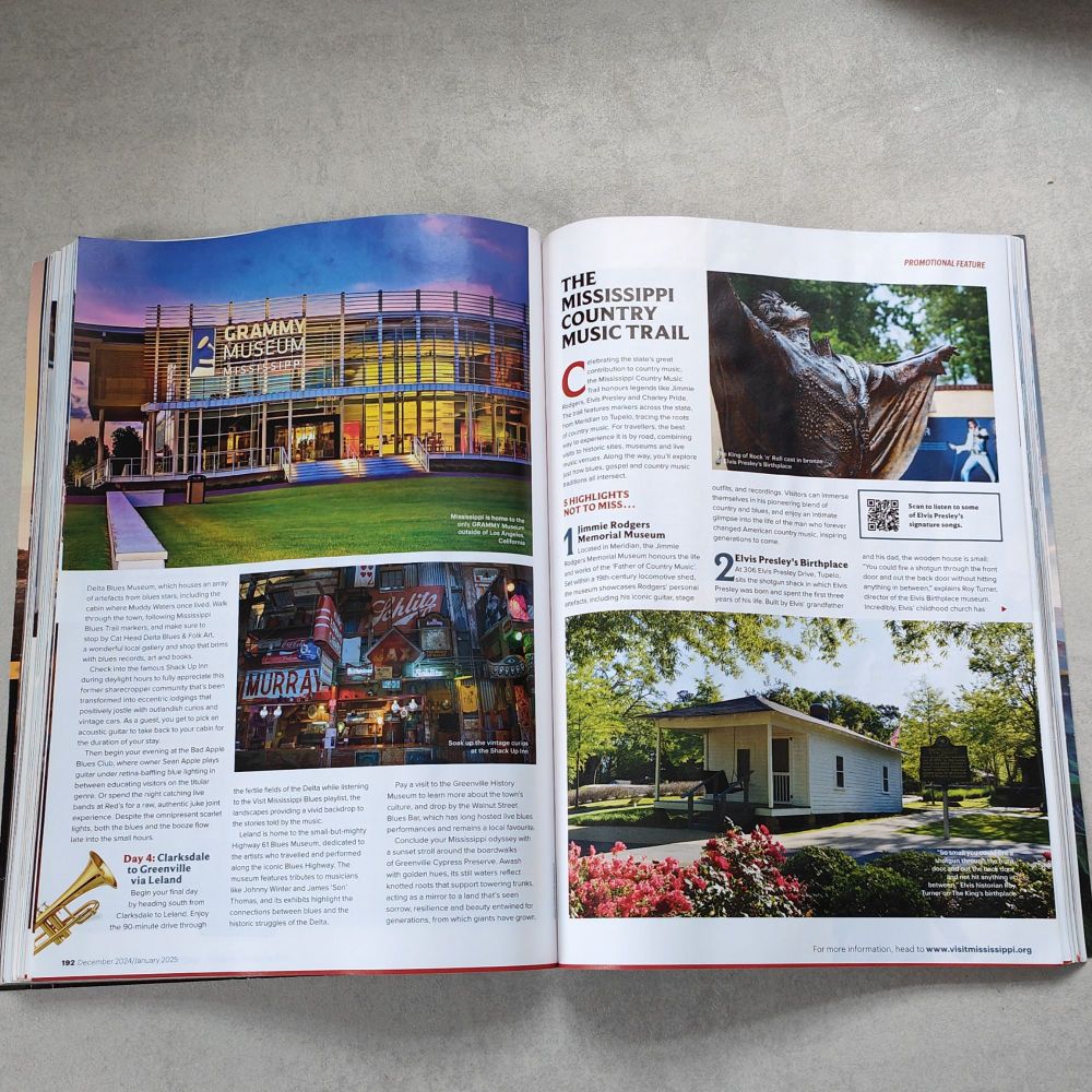 All images show pages from James Draven's 14-page Mississippi travel feature 'The Music of the Magnolia State's in Wanderlust magazine.