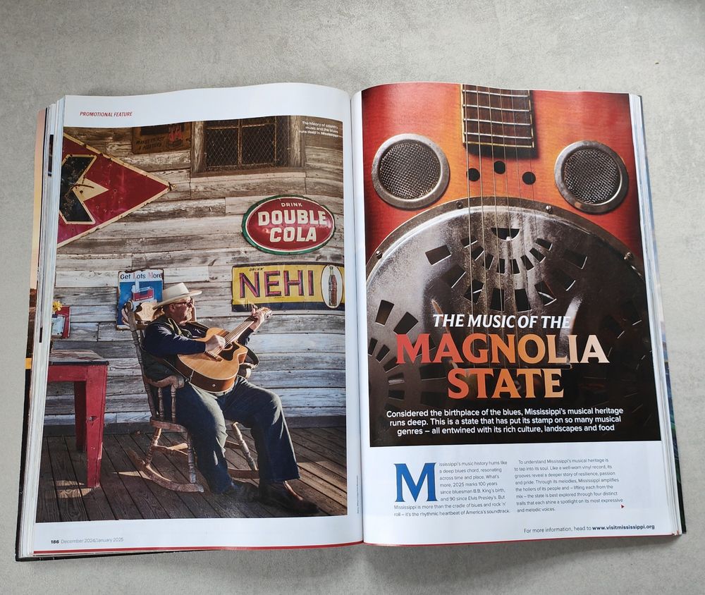All images show pages from James Draven's 14-page Mississippi travel feature 'The Music of the Magnolia State's in Wanderlust magazine.