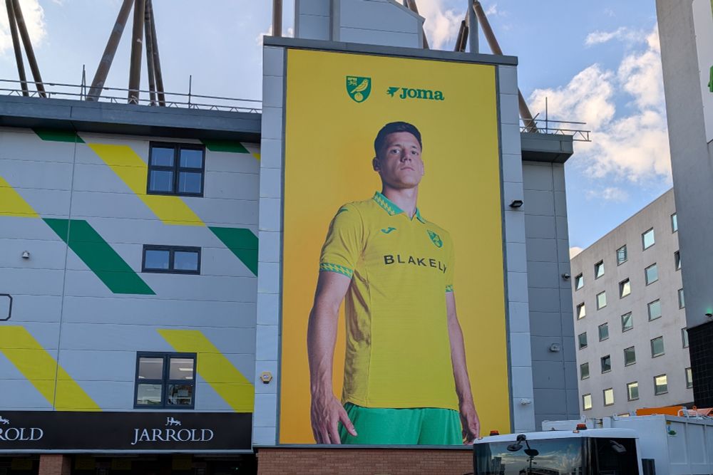 A very large poster of Norwich City striker Ante Crnac at Carrow Road.