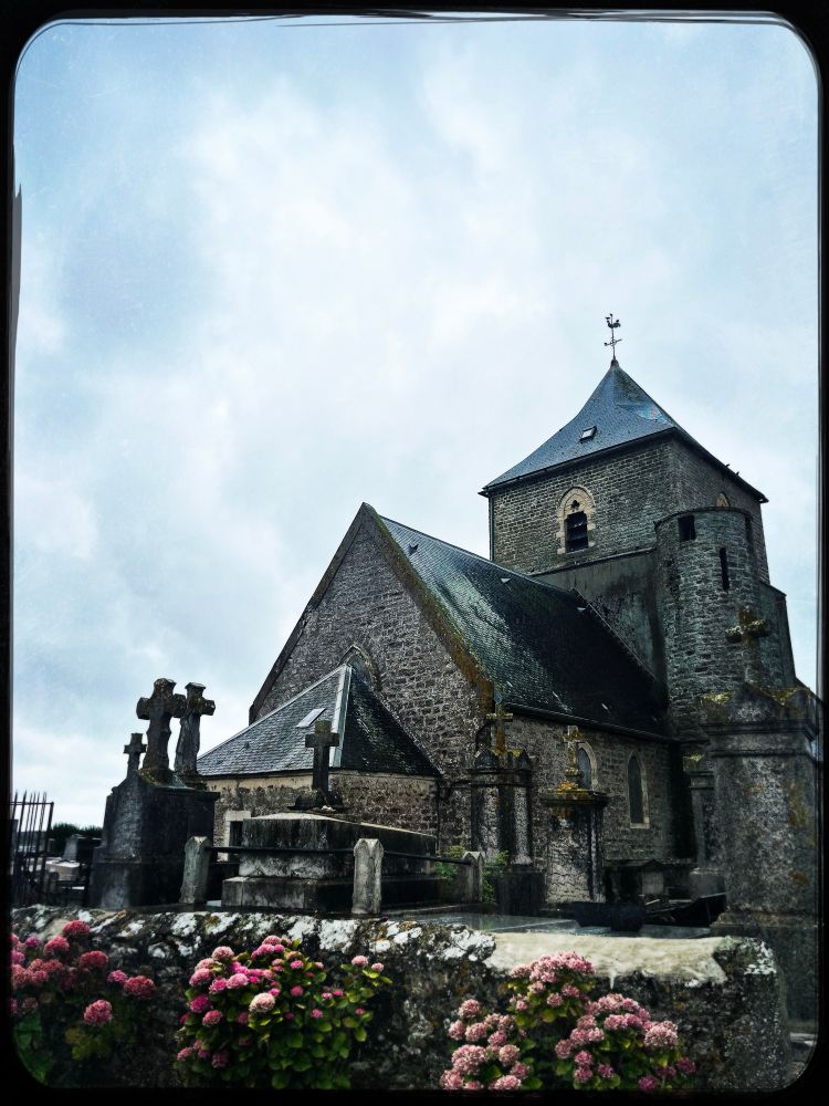 An old village chapel made of grey stone with pink hydrangeas in front of it