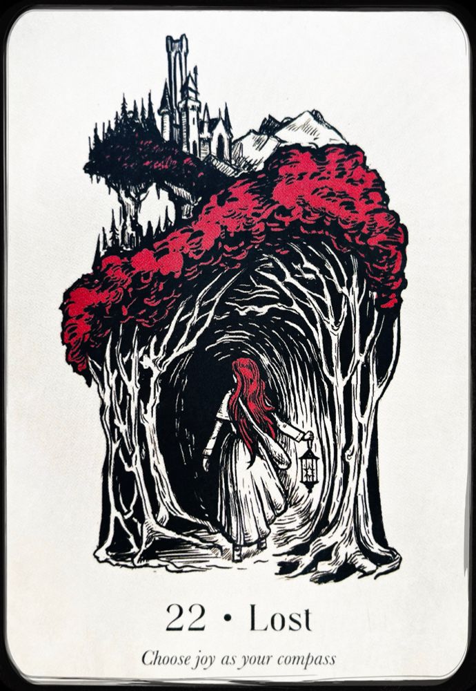 Oracle card showing a red haired woman going into a dark wood