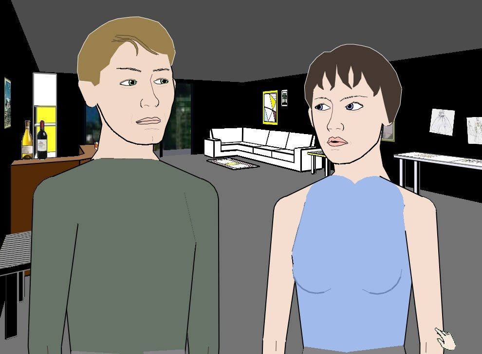A shot from the videogame Façade (2005), of a rough vector-based apartment. Two minimalistically drawn people - a man with short brown hair named Trip and a woman with short black hair named Grace - stand in front, looking at each other. Trip looks nonplussed. Grace looks angry. 