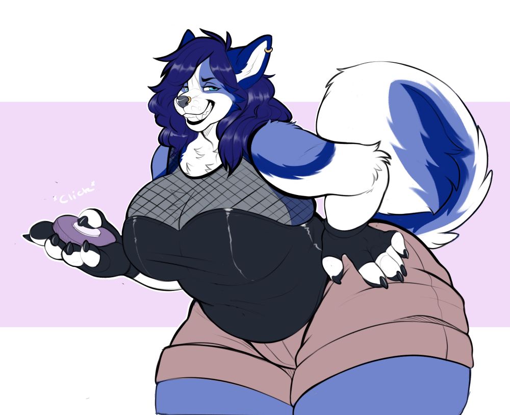 Art of a thick blue husky woman with blue hair, in cargo shorts, a tank top with mesh neckline, and fingerless leather gloves. She is clicking a pet clicker