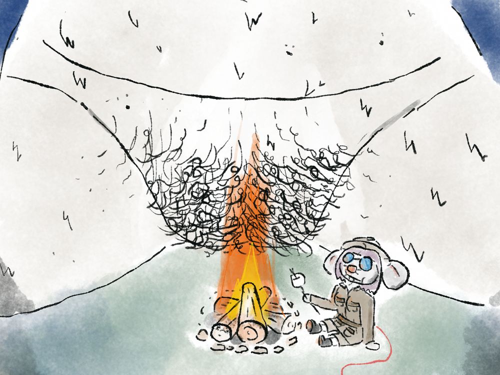 A little mouse woman and her (nude) giant friend sit by the light of the campfire after a long day.