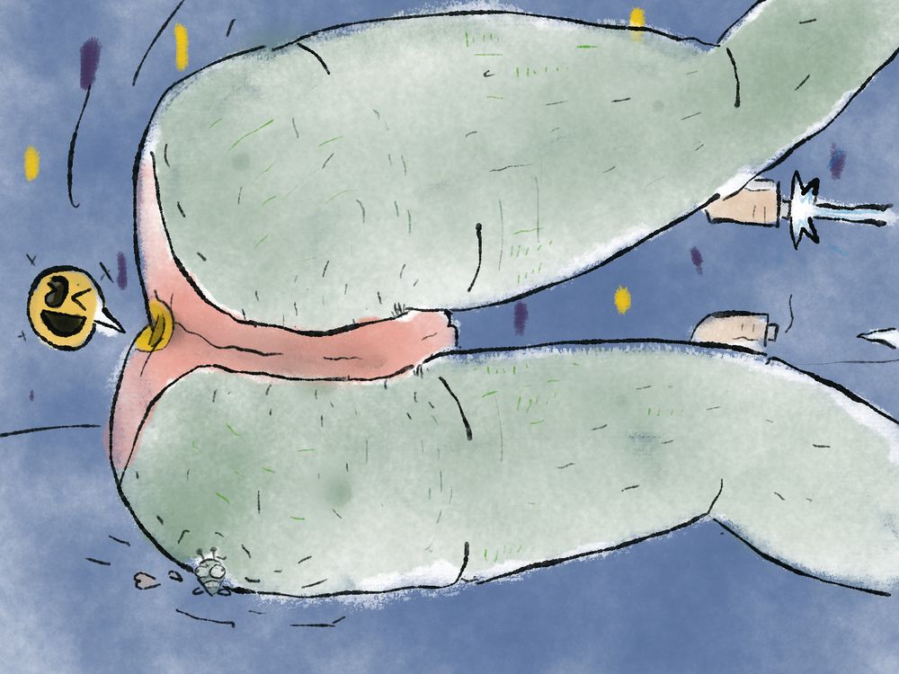 Giantess falling over while shooting and falling on a tiny dude.