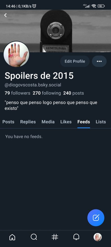 Print screen da home do perfil spoilers de 2015 onde na aba de feeds aparece escrito "you have no feeds"