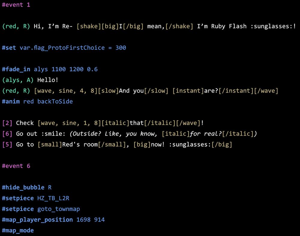 An excerpt of a test script in Carmelina Script, our script engine, which shows different features and commands, like display a text slowly, or in bold, displaying a character, playing an animation, transition to another scene, ...