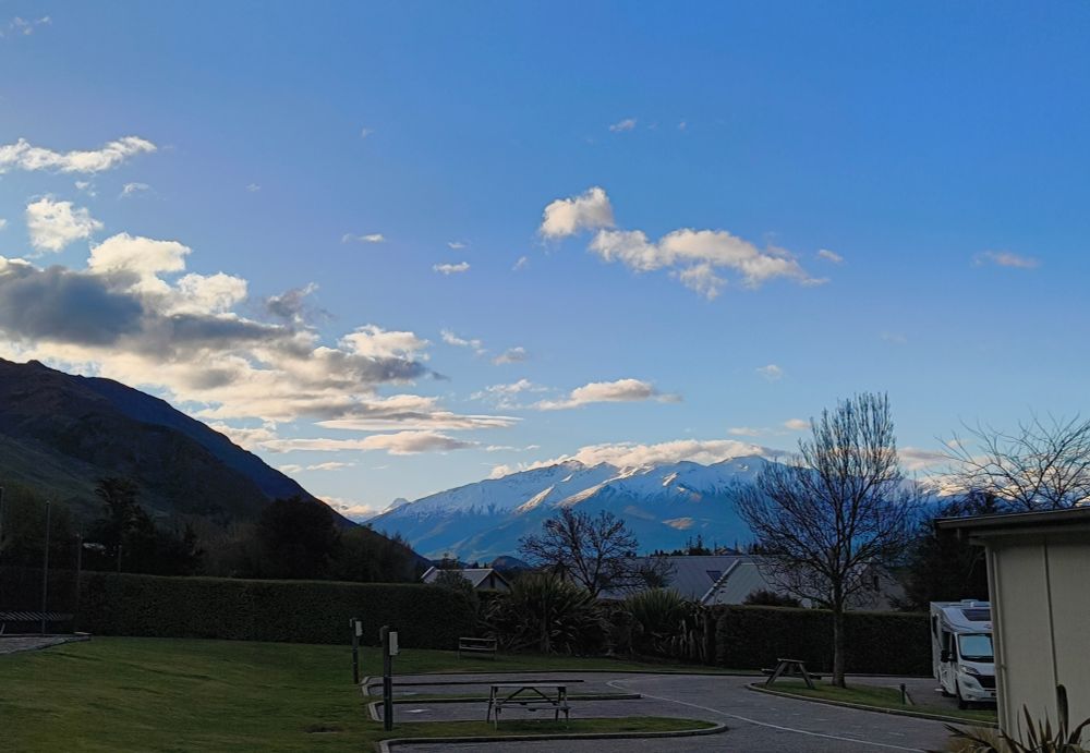 A view of the mountains from a holiday park in Wānaka