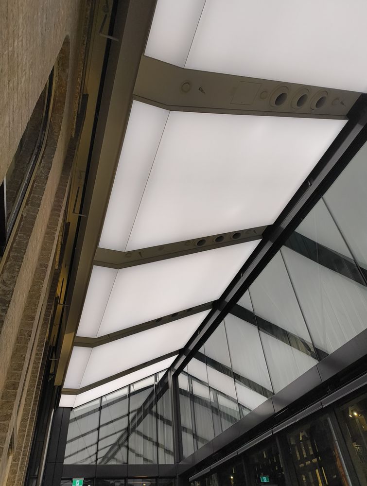 The ceiling of a modern extension added onto the Parramatta town hall's exterior wall.
