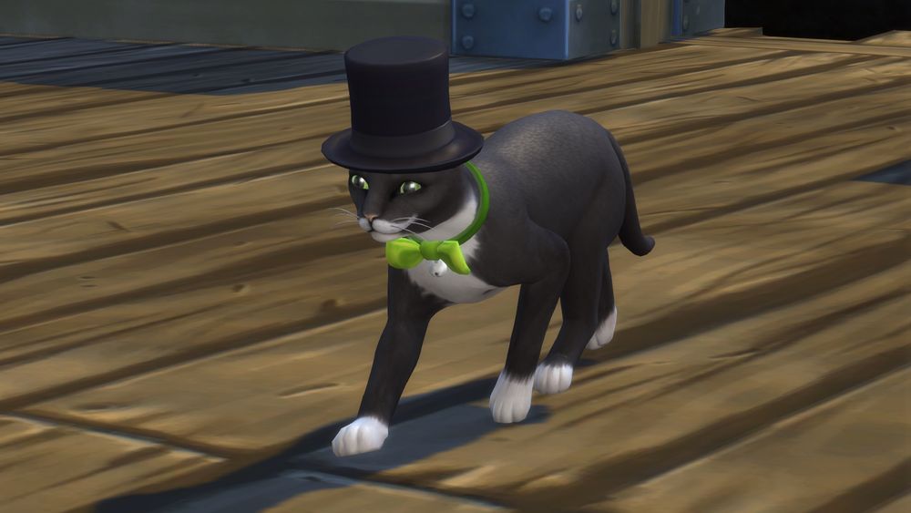 A tuxedo cat wearing a top hat with a green bow tie collar (Sims 4)
