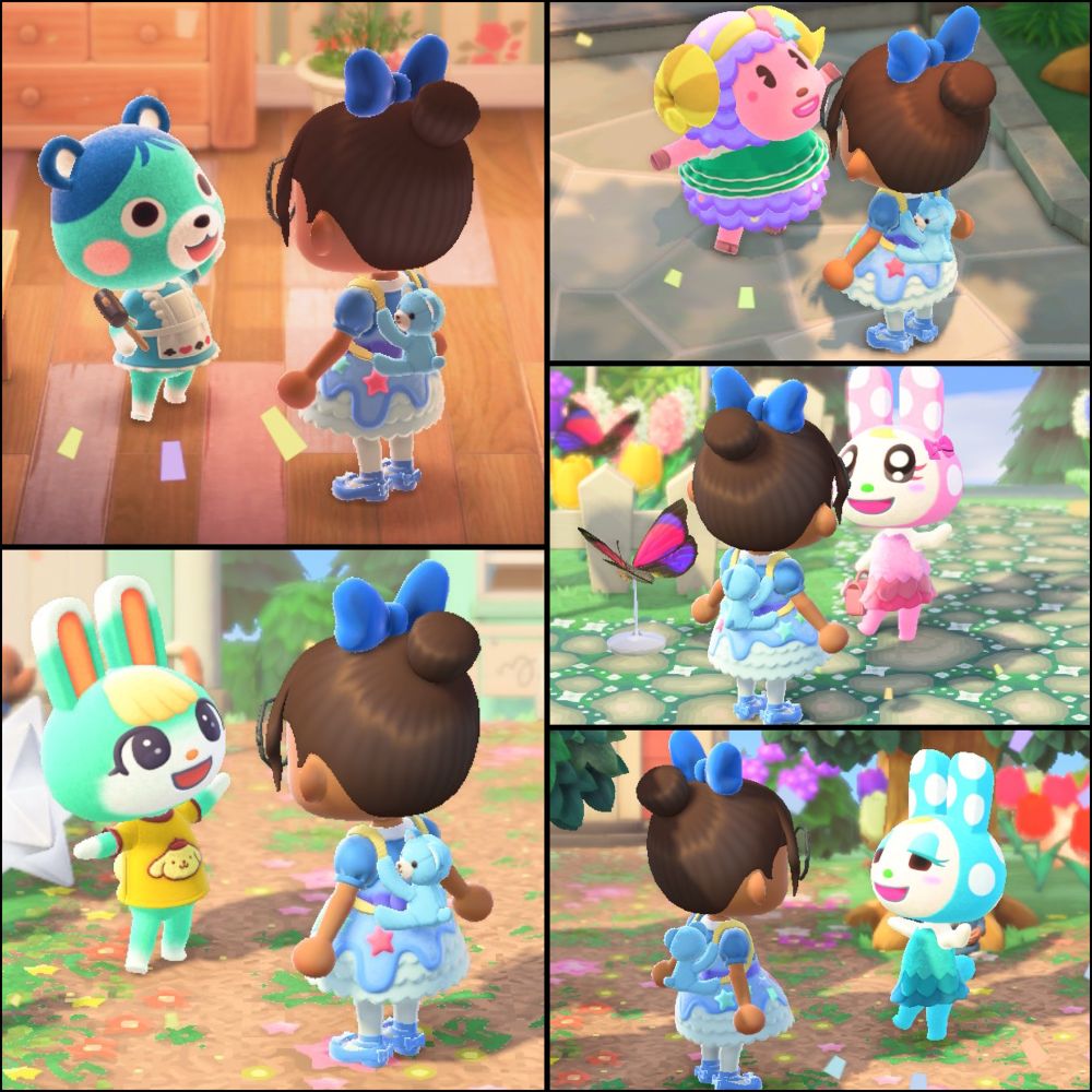 My ACNH rep giving her villagers Bluebear, Sasha, Étoile, Chrissy and Francine new clothes
