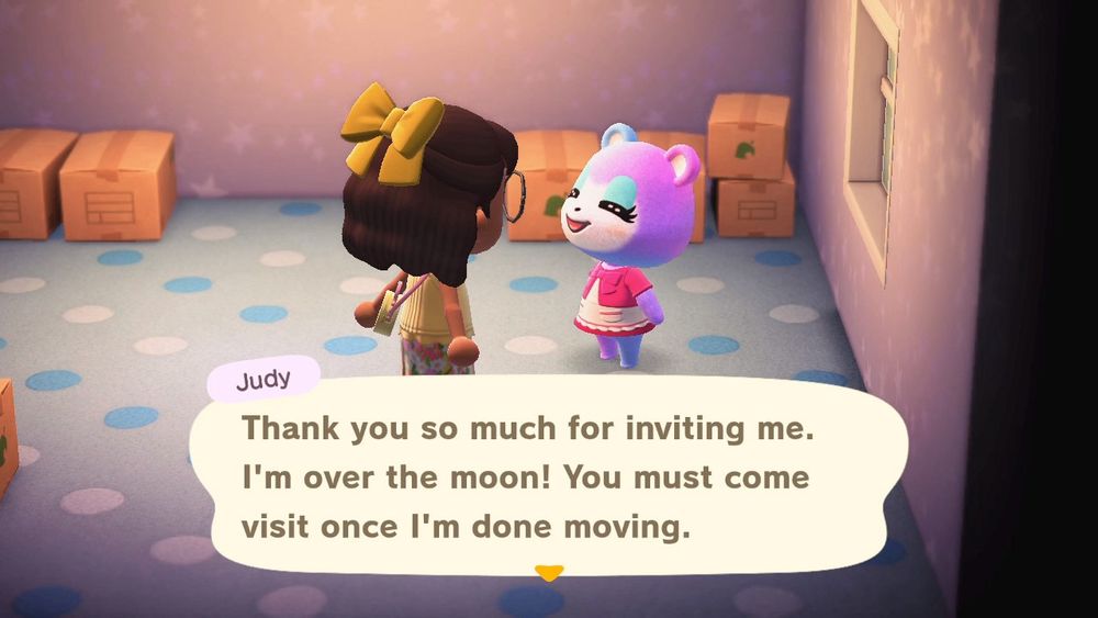 Judy telling my ACNH rep that she’s moving to her island
