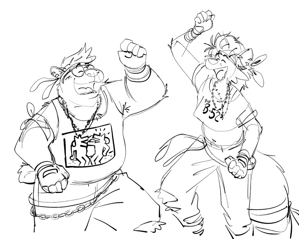 Kilgore and Ty dressed in 80s apparel, dancing with abandon.