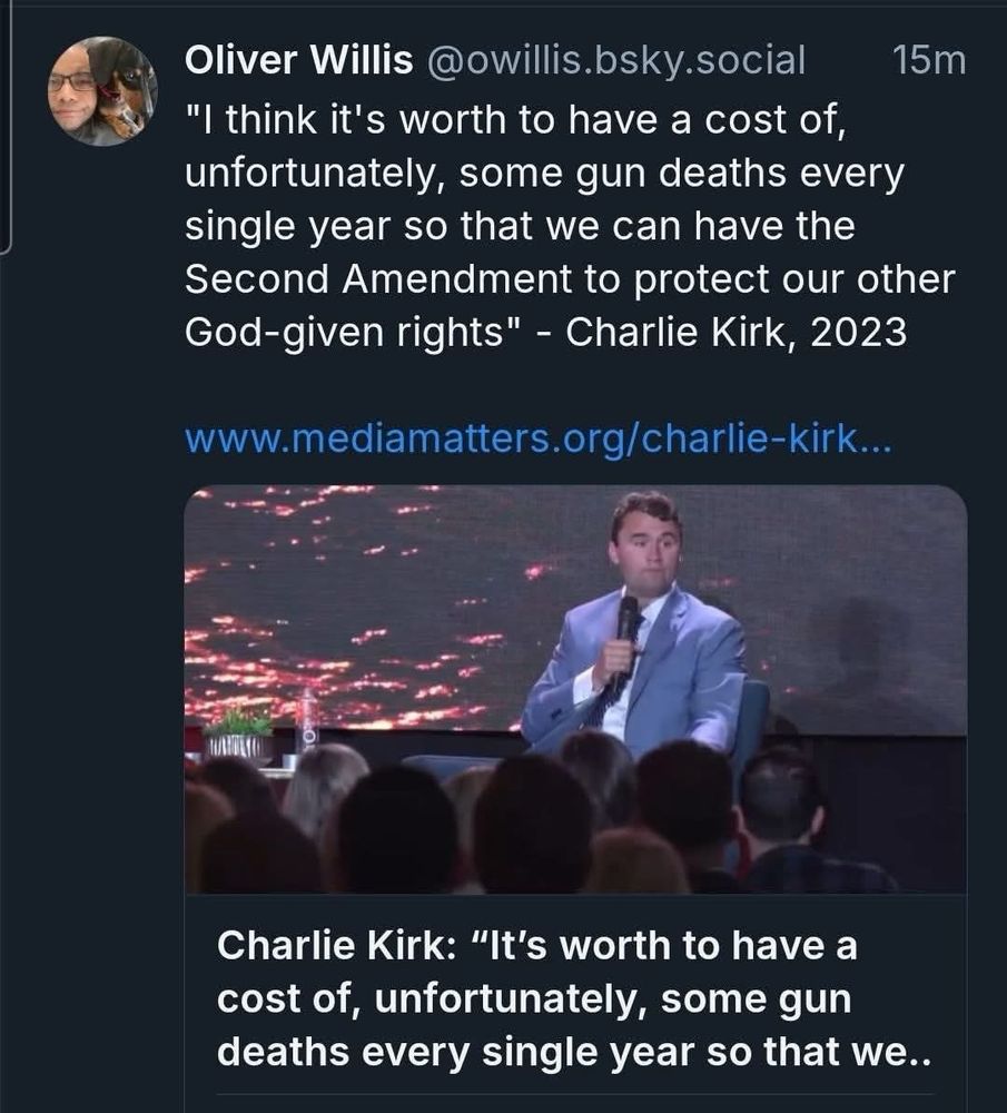 Quote from Charlie Kirk in 2023 “It’s worth to have a cost of, unfortunately, some gun deaths every single year so that we can have the second amendment to protect our God-given rights.”