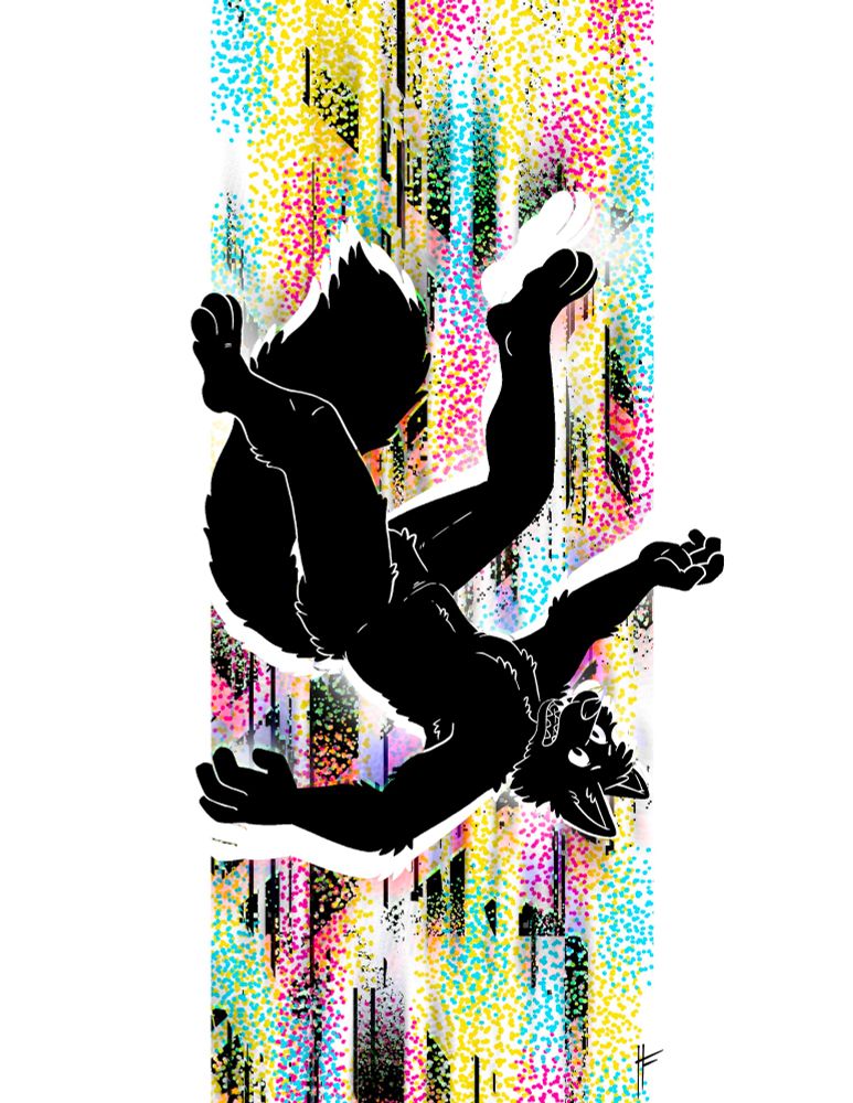 A black silhouette of a fox furry falling with glitchy colors behind it